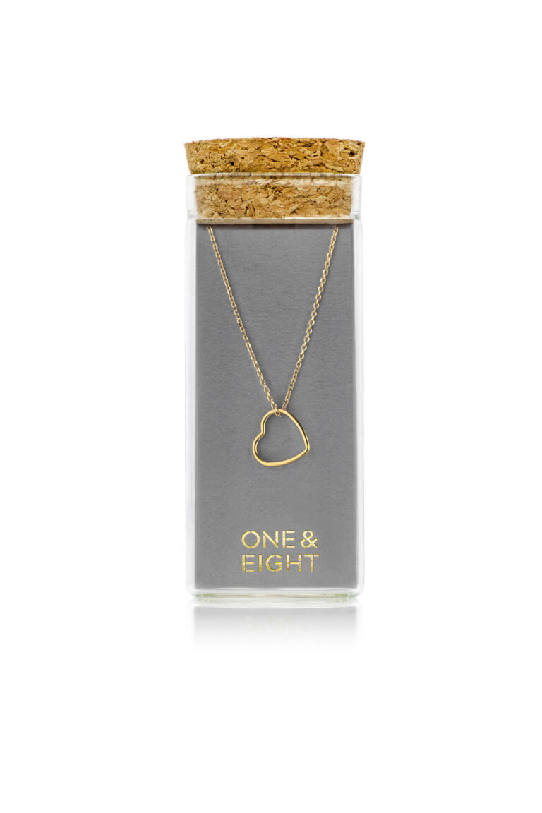 Gold Open Heart Necklace in glass bottle with cork lid