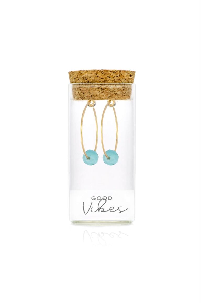 Amazonite Crystal Gold Hoop Earrings in glass bottle packaging