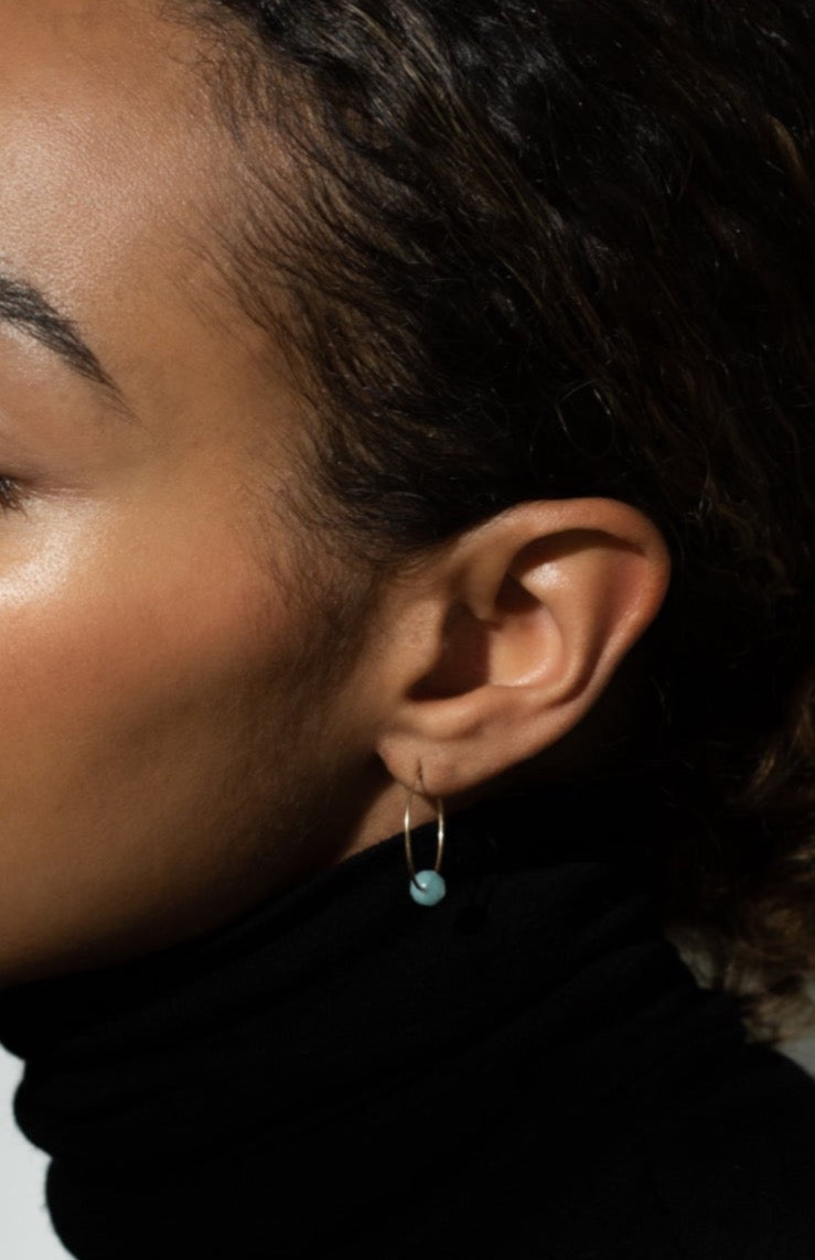 Amazonite Crystal Gold Hoop Earrings worn in model's ear