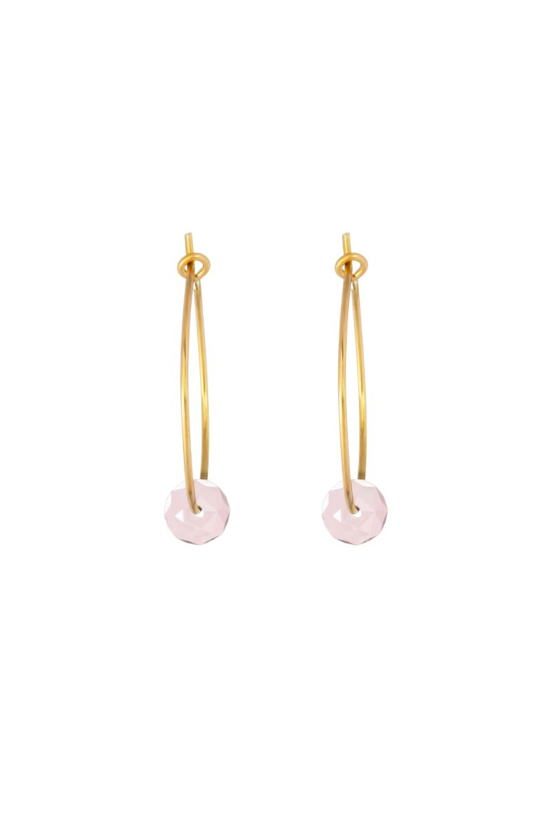 Rose Quartz Gold Hoop Earrings on white background