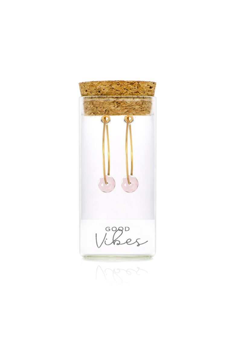 Rose Quartz Gold Hoop Earrings in glass bottle with cork lid