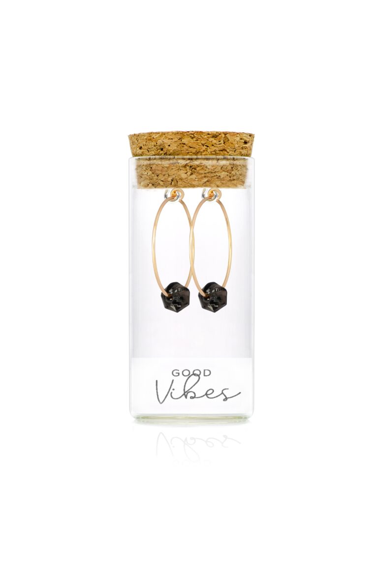 Smokey Quartz Gold Hoop Earrings in glass bottle with cork lid