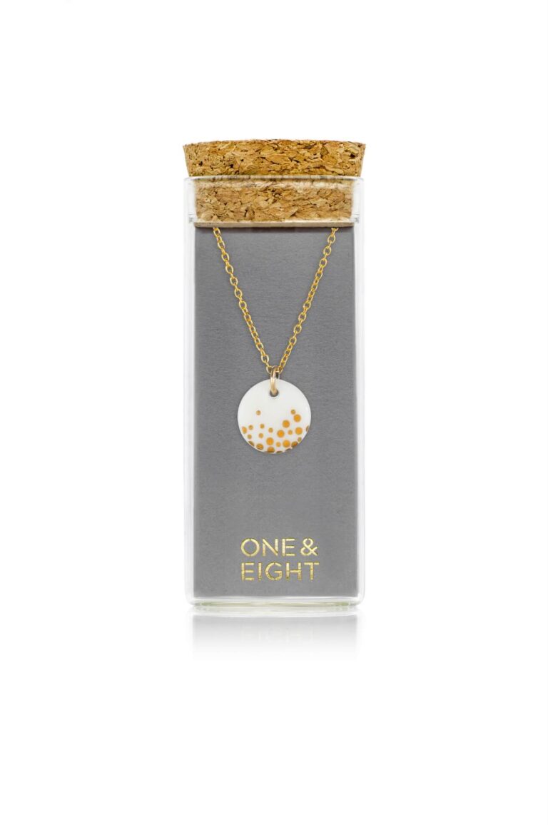 White Porcelain Ivy Pendant with gold flecks and gold Necklace chain, in glass bottle with cork lid.