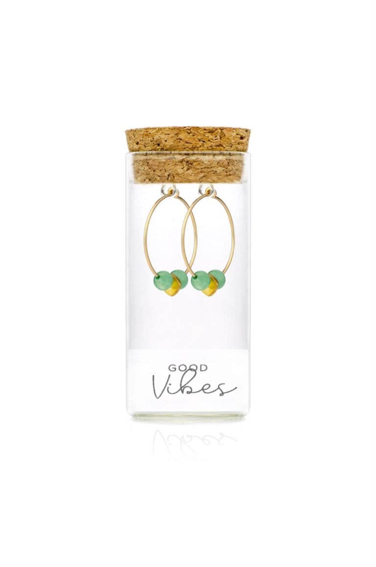 Green Aventurine Gold Hoop Earrings in glass bottle packaging