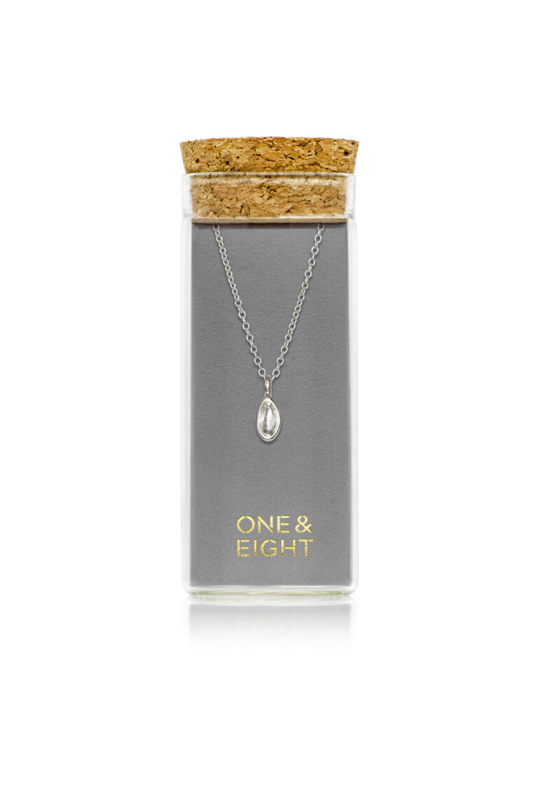 Recycled Silver Darcie Necklace on grey One & Eight branded card, in glass bottle with cork lid