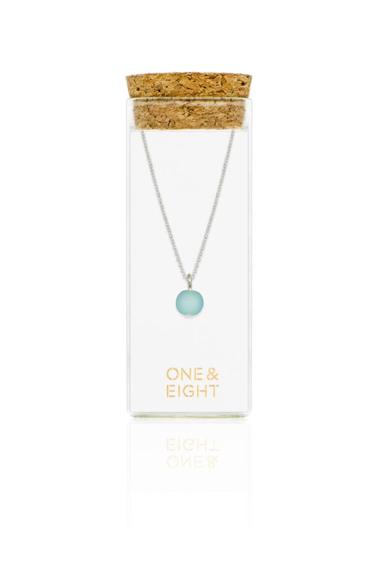 Pacific Blue Seaglass Necklace in a glass bottle with cork lid