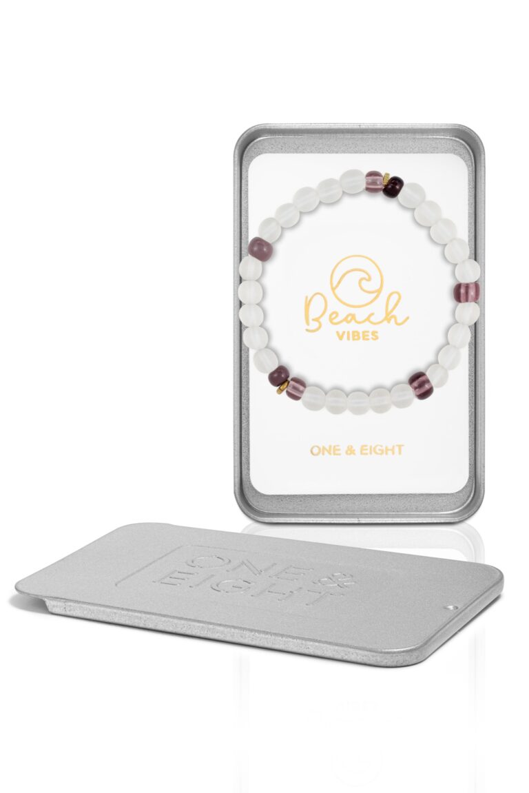 Pura Vida White Bead Bracelet on One & Eight branded white card, in a slimline gifting tin