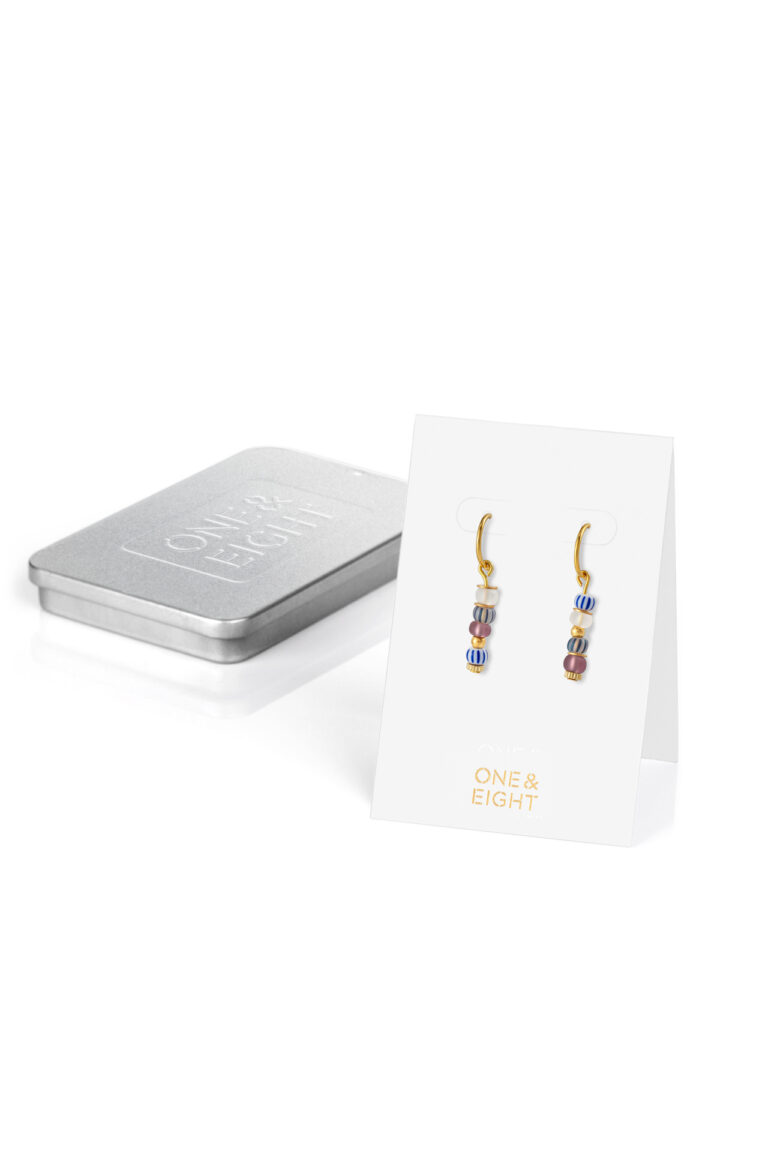 Surf Rider Glass Bead Drop Earrings on white card backing, with slimline tin box.