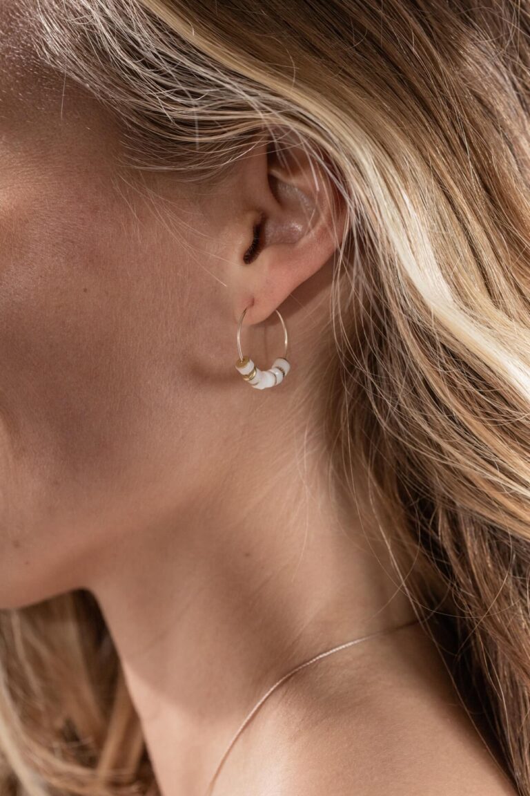 Close up of model with blonde hair wearing the Protective Vibes Mother of Pearl Earrings