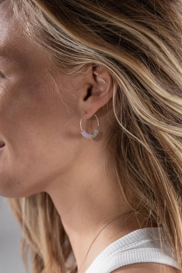 Close up of model with blonde hair wearing the Calming Vibes Lilac Jasper Earrings
