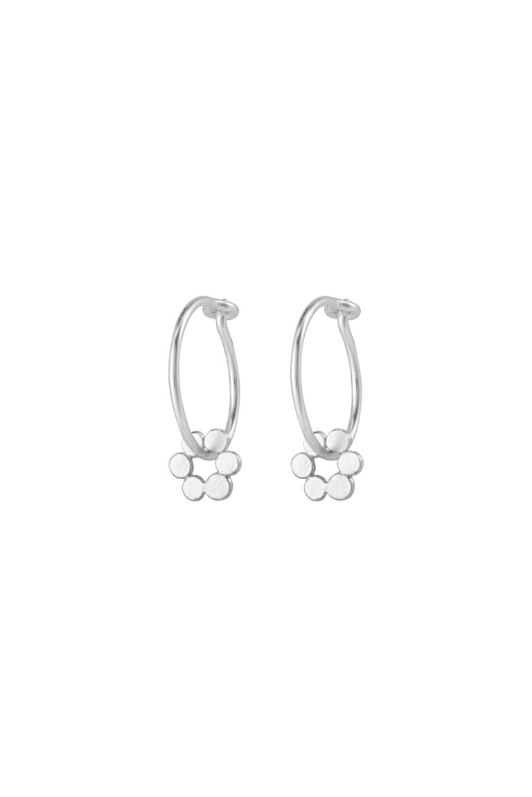 Silver Holly Fern Flower Hoop Earrings on white background
