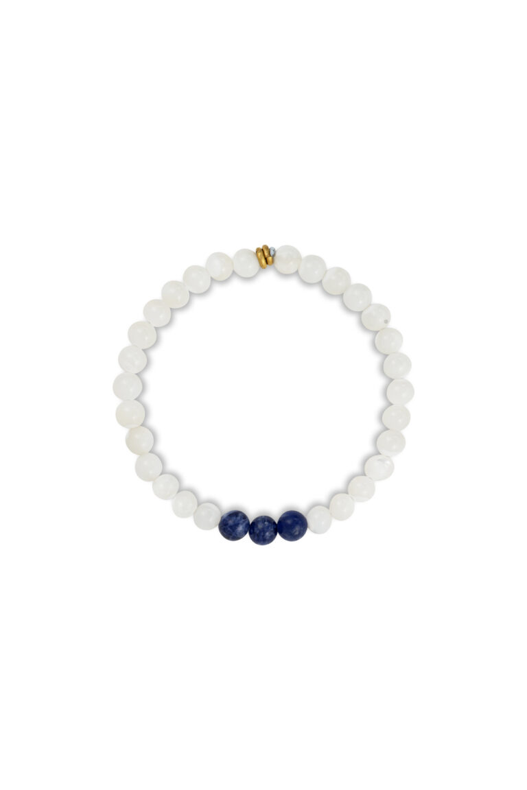 White and blue beaded Peace Bracelet on a white background