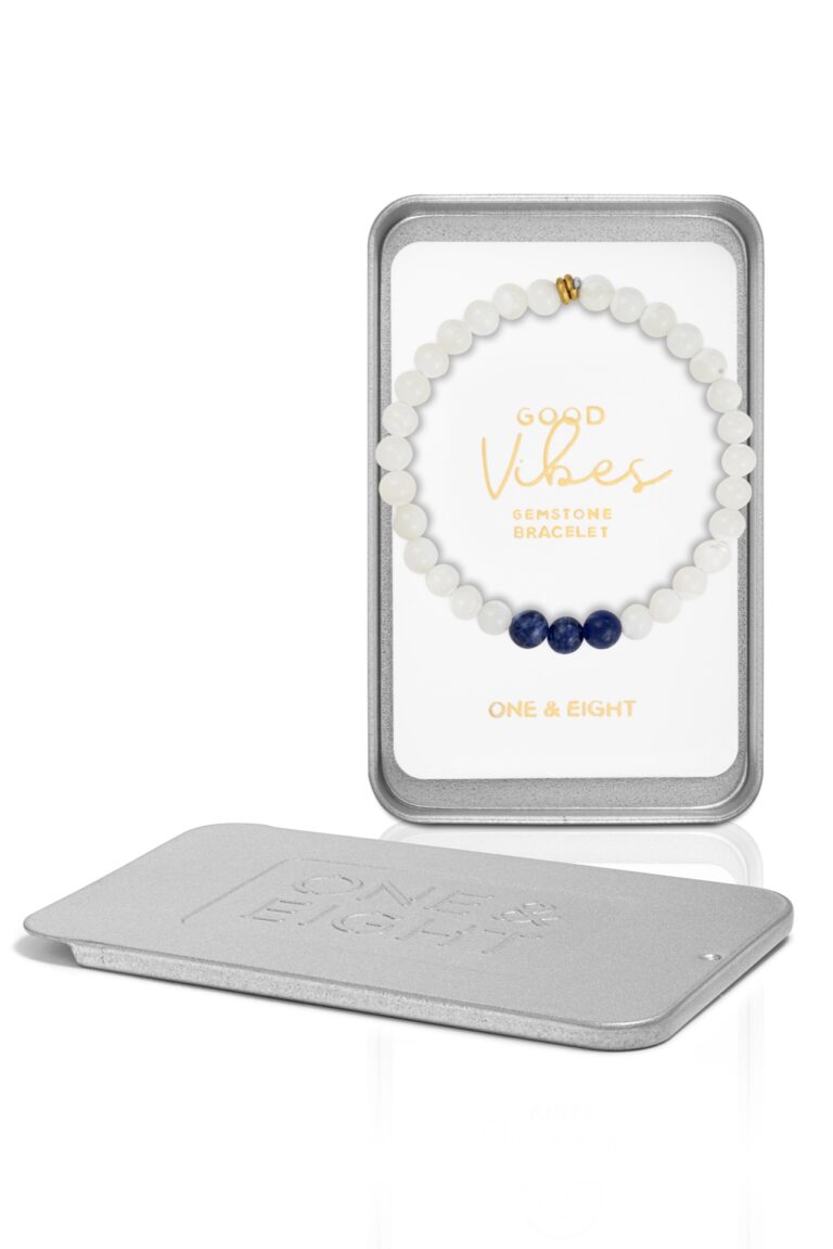 White and blue beaded Peace Bracelet in a slimline gifting tin