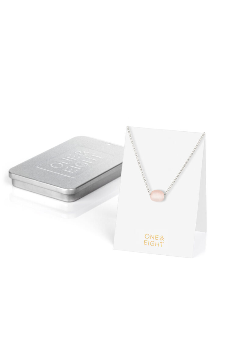 Rose Pink Glass Bead Necklace on white One & Eight branded card, with slim gifting tin in the background