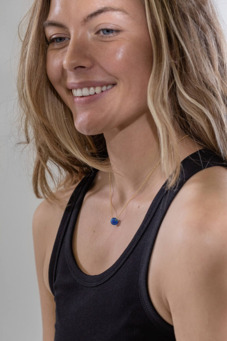 Model wearing Marine Blue Glass Bead Necklace