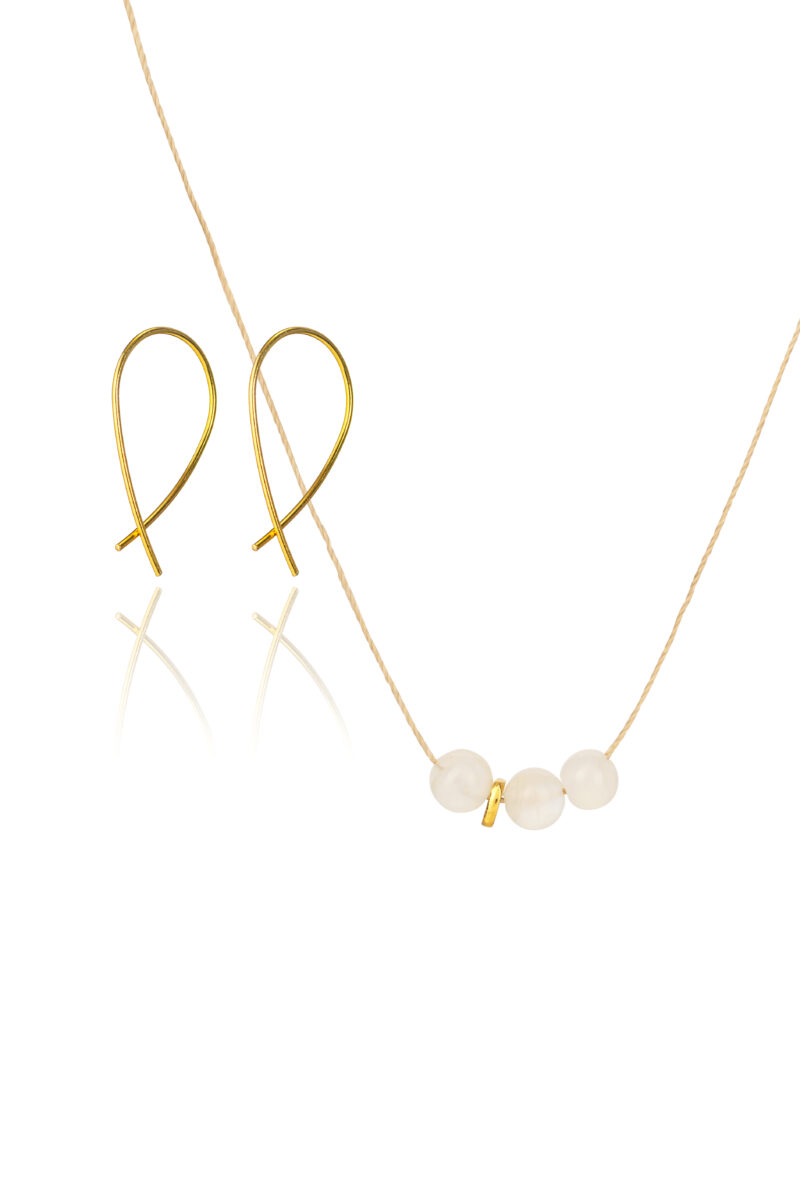 Moonstone Cord Necklace and gold mini crossover earrings, gift set