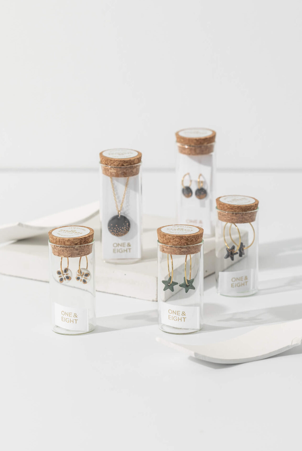 One-and-Eight-AW25-2727 2734 2730 2729 2733 Gold Earrings Gold Necklace Porcelain Forest Star Earrings Star Earrings Porcelain Midnight Mosaic Earrings Lifestyle 1 Mist Porcelain Cobalt