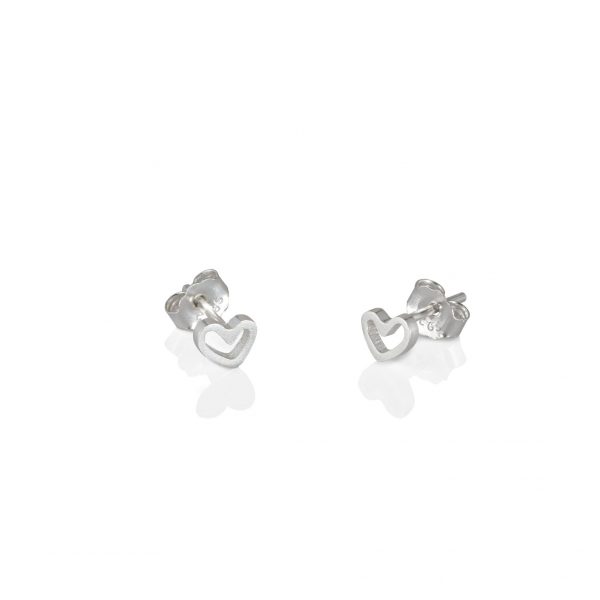 Recycled silver heart shaped stud earrings on white background
