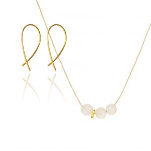 Moonstone Cord Necklace and gold mini crossover earrings, gift set